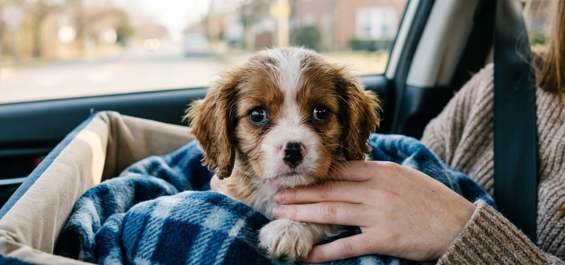 גור קטן ומתוק לנסיעה ברכב. אביזרים לכלבים, שמיכה לגור.