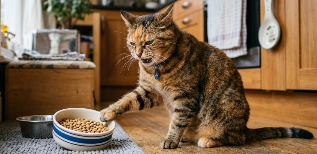 חתול בית חום מסרב לאכול מהקערה במטבח ביתי.